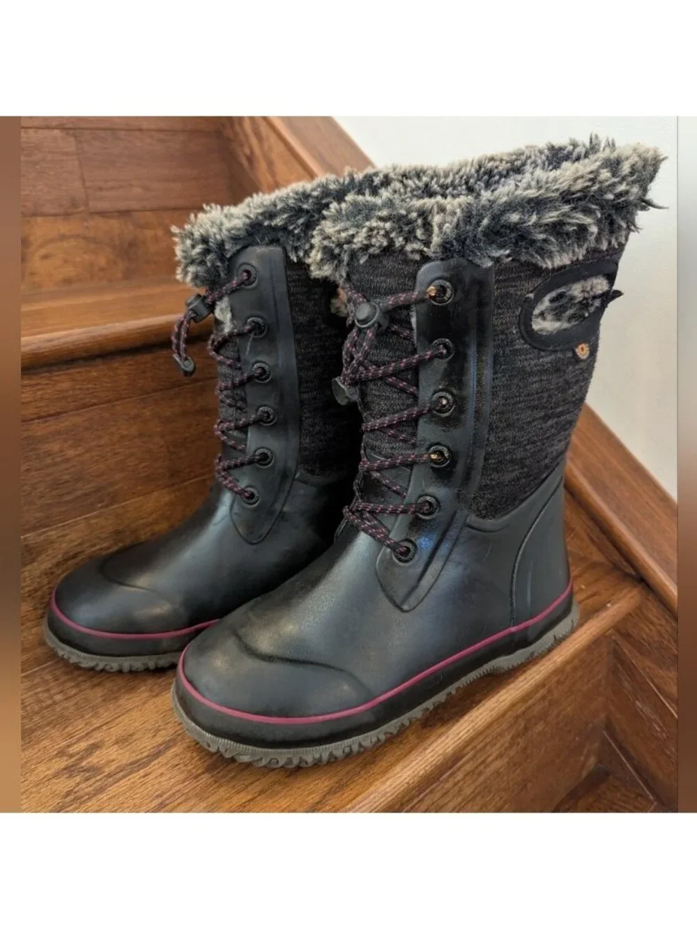 Bogs –Arcata Knit Kids Winter Boots Black With Pink Accents Big Kid Youth 4